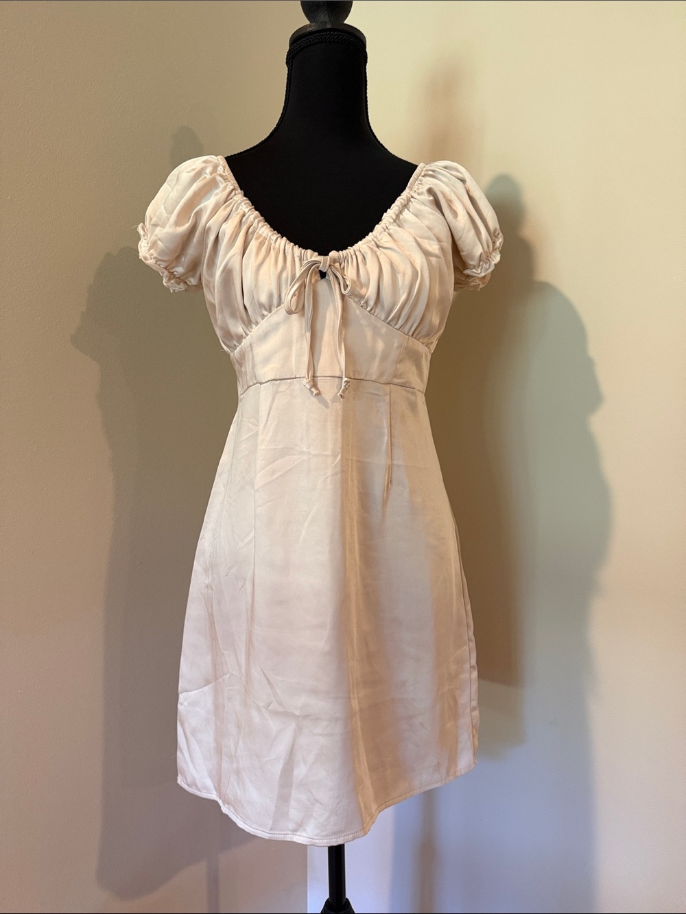 La Hearts Ivory Puff-Sleeve Tie-Front Mini Dress